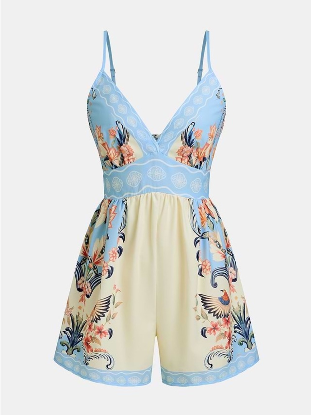 NWT Cupshe Bahamian Sunshine Floral Boho Bird Spaghetti Strap Romper